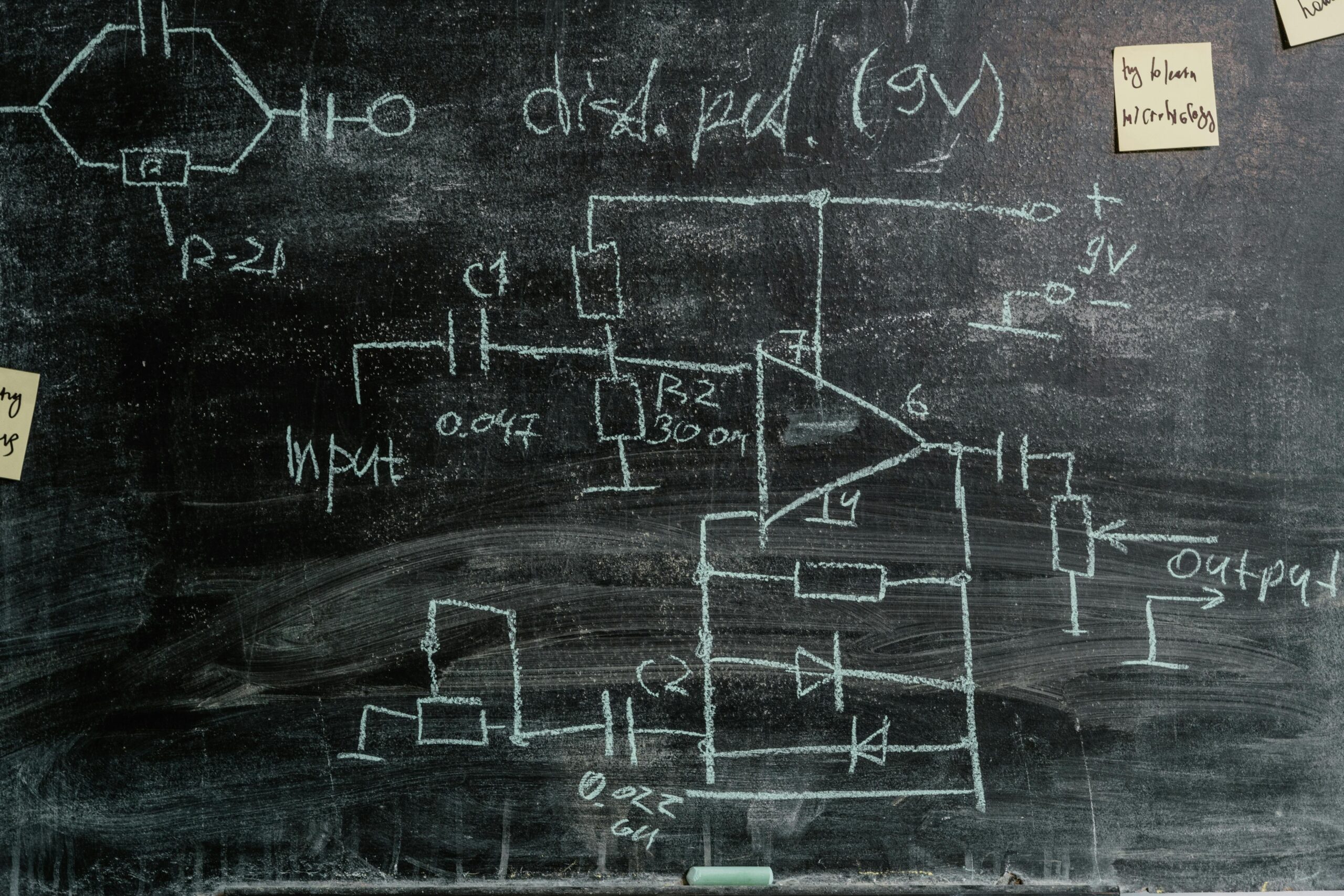 Detailed chalkboard displaying science diagrams and sticky notes, showcasing scientific exploration.