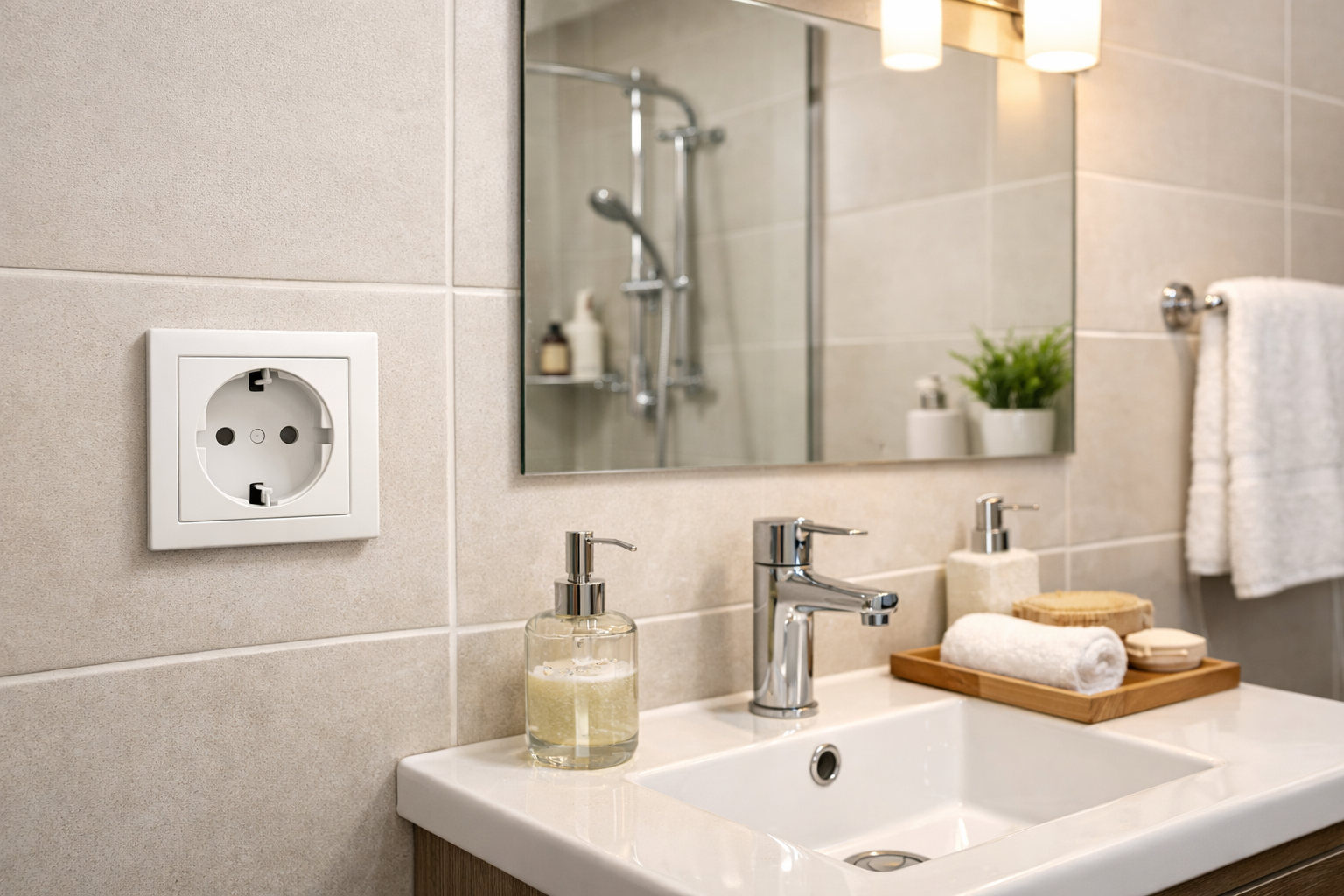 Planowanie instalacji elektrycznej w łazience – strefy, normy, bezpieczeństwo Gniazdo elektryczne przy umywalce w nowoczesnej łazience