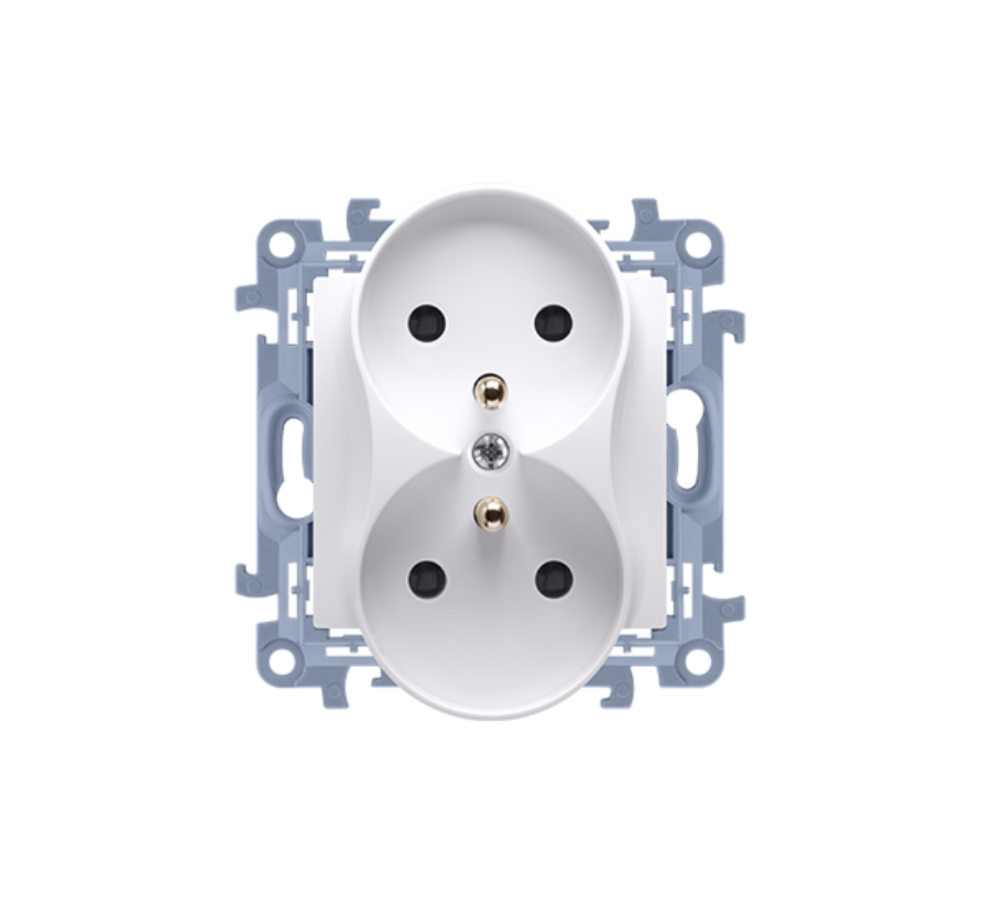 Podwójne gniazdko elektryczne z bolcem ochronnym na jasnym tle