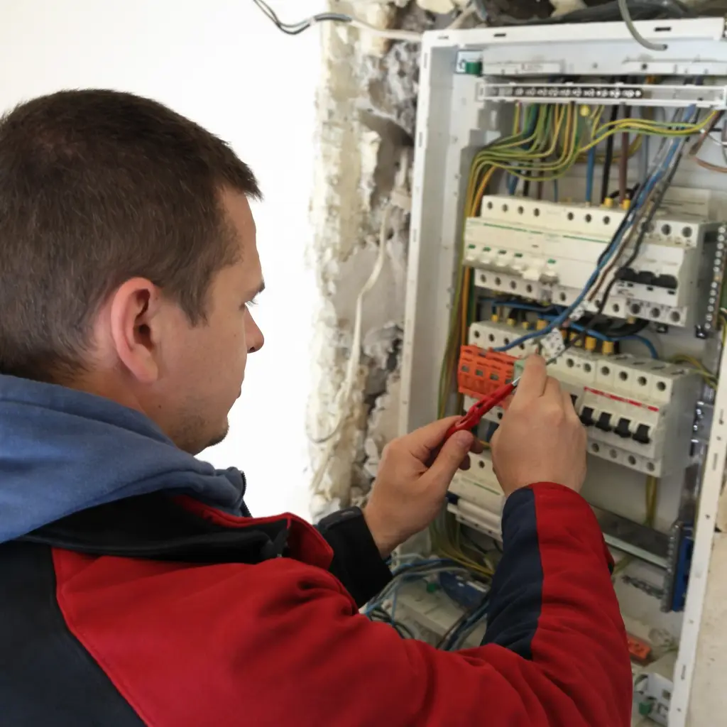 Elektryk sprawdzający rozdzielnicę elektryczną podczas przeglądu instalacji w domu