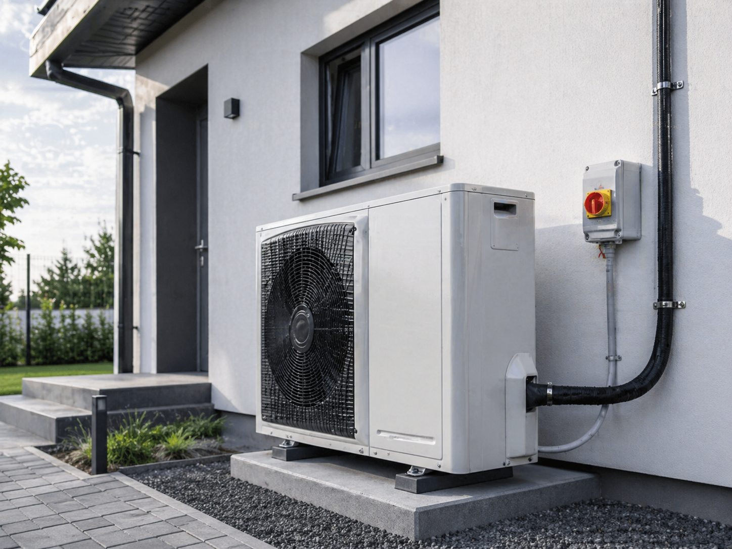 Instalacja elektryczna dla pompy ciepła – jednostka zewnętrzna, przewód zasilający i wyłącznik serwisowy przy budynku