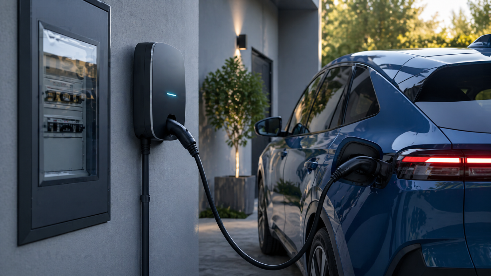 Domowa ładowarka samochodu elektrycznego przy budynku mieszkalnym