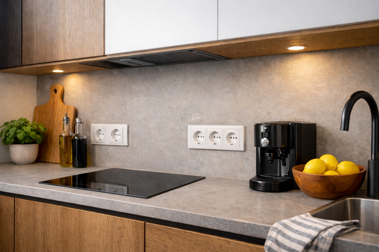 Jak zaplanować instalację elektryczną w kuchni – zasady, błędy, wymagania techniczne Gniazda elektryczne nad blatem roboczym w nowoczesnej kuchni