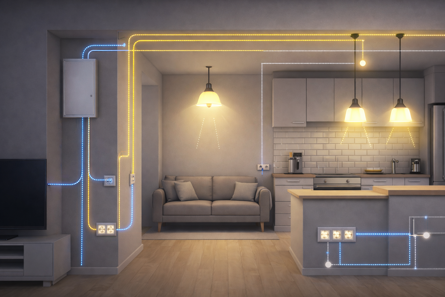 Schemat działania instalacji elektrycznej w domu z zaznaczonym oświetleniem, gniazdami i rozdzielnicą