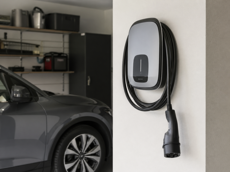 Wallbox – przykładowa lokalizacja ładowarki EV zamontowanej na ścianie garażu, z przewodem Type 2 i samochodem elektrycznym w tle