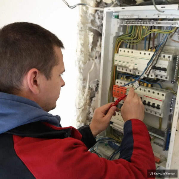 Krzysztof Koman podczas sprawdzania bezpieczeństwa instalacji elektrycznej