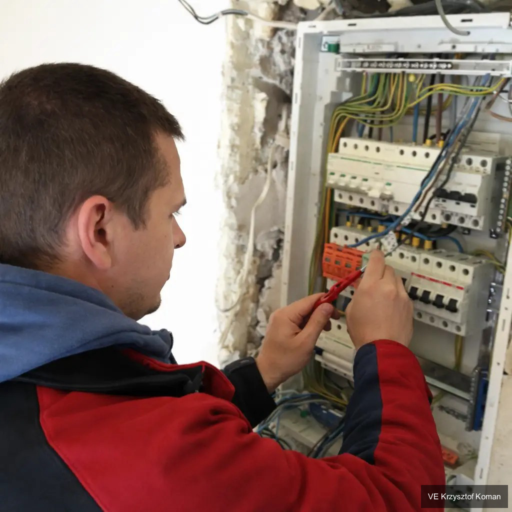 Krzysztof Koman podczas sprawdzania bezpieczeństwa instalacji elektrycznej