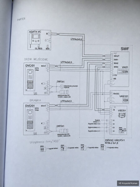 Schemat podłączenia domofonu i elektrozaczepu z opisem zacisków i przewodów