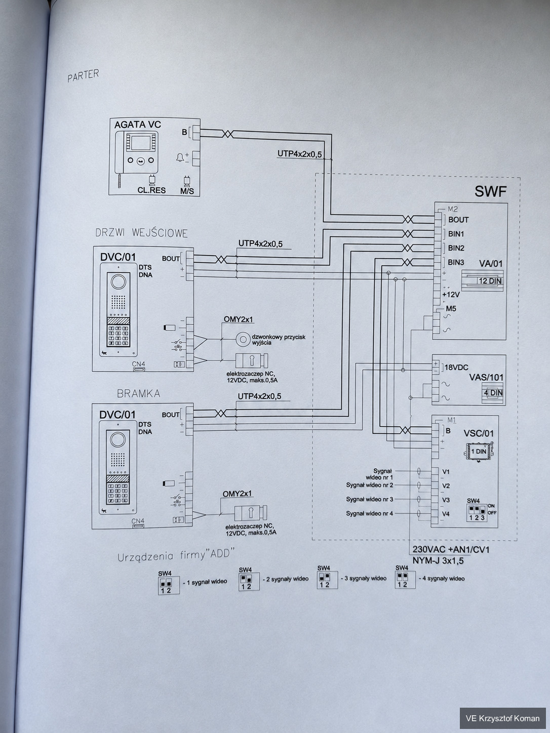 Schemat podłączenia domofonu i elektrozaczepu z opisem zacisków i przewodów